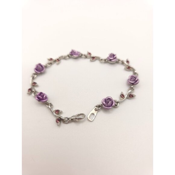 Unbranded Jewelry - Purple Rose & Crystal Leaf Silver-Tone Bracelet With Lobster Clasp